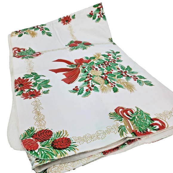 Unbranded Other - VTG Christmas Tablecloth 70x50 Plastic Covered Felt Back White Red Bells Holiday